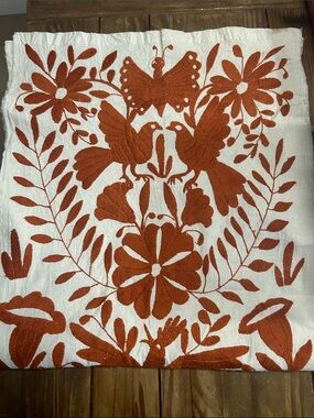 Rust Orange Embroidered Floral & Bird Textile